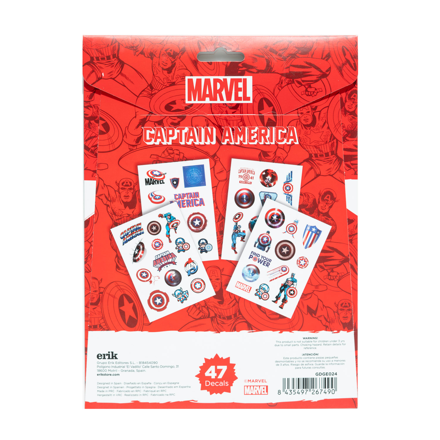 Confezione di adesivi di Captain America con vari disegni di scudi e personaggi su sfondo rosso e bianco.