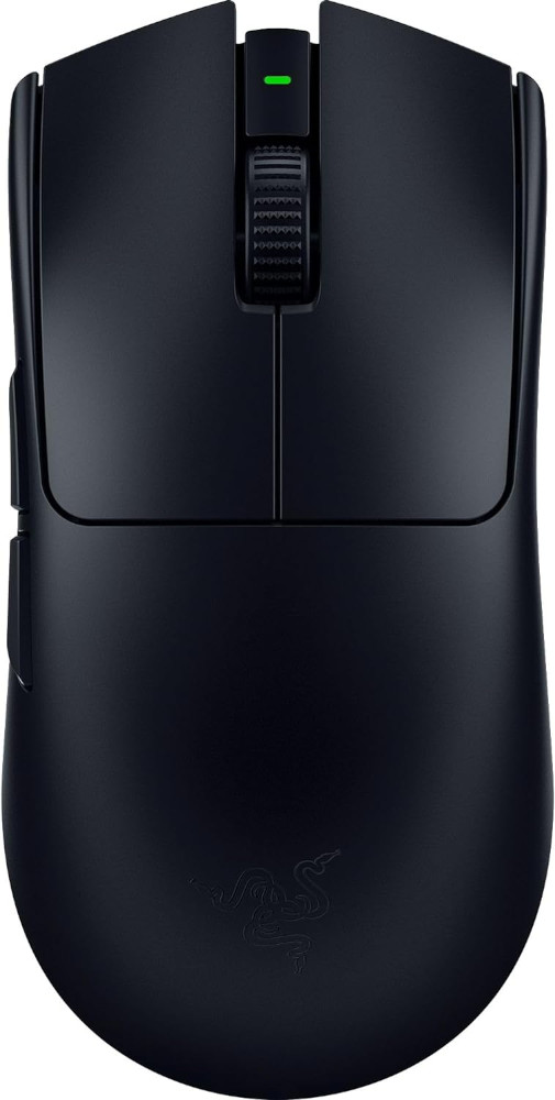 Black gaming mouse with side buttons and a scroll wheel, Razer logo.