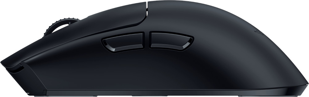 Black gaming mouse with two side buttons and a scroll wheel.