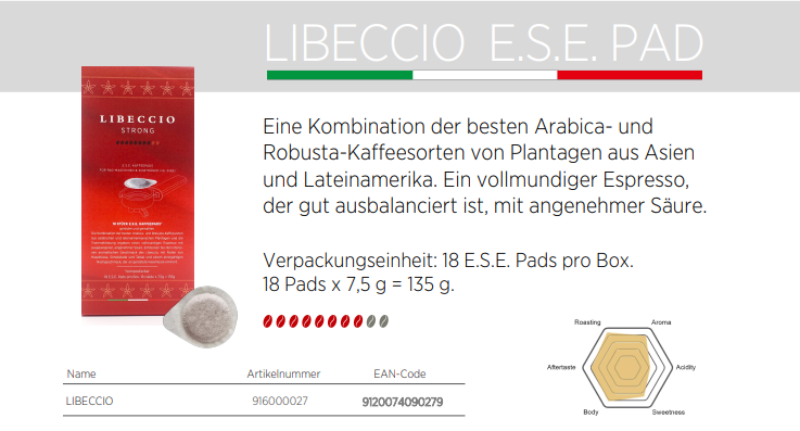 Kaffeepads und Text, der das Geschmacksprofil des Kaffees beschreibt. Rote Verpackung mit weißem Text.