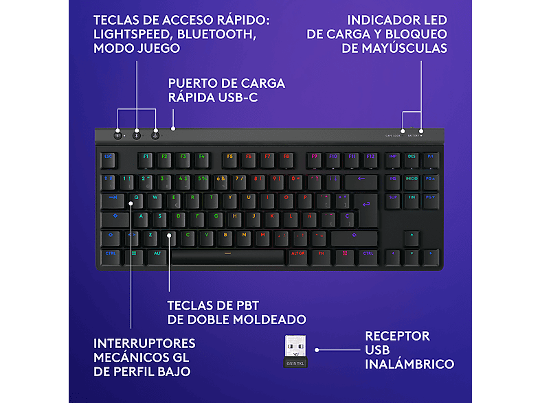 Teclado gaming - Logitech G G515 Lightspeed TKL, Bluetooth, USB, Cable, RGB Lightsync, Teclas PBT, Interruptores táctiles, Personalizable, Negro – imagen 2