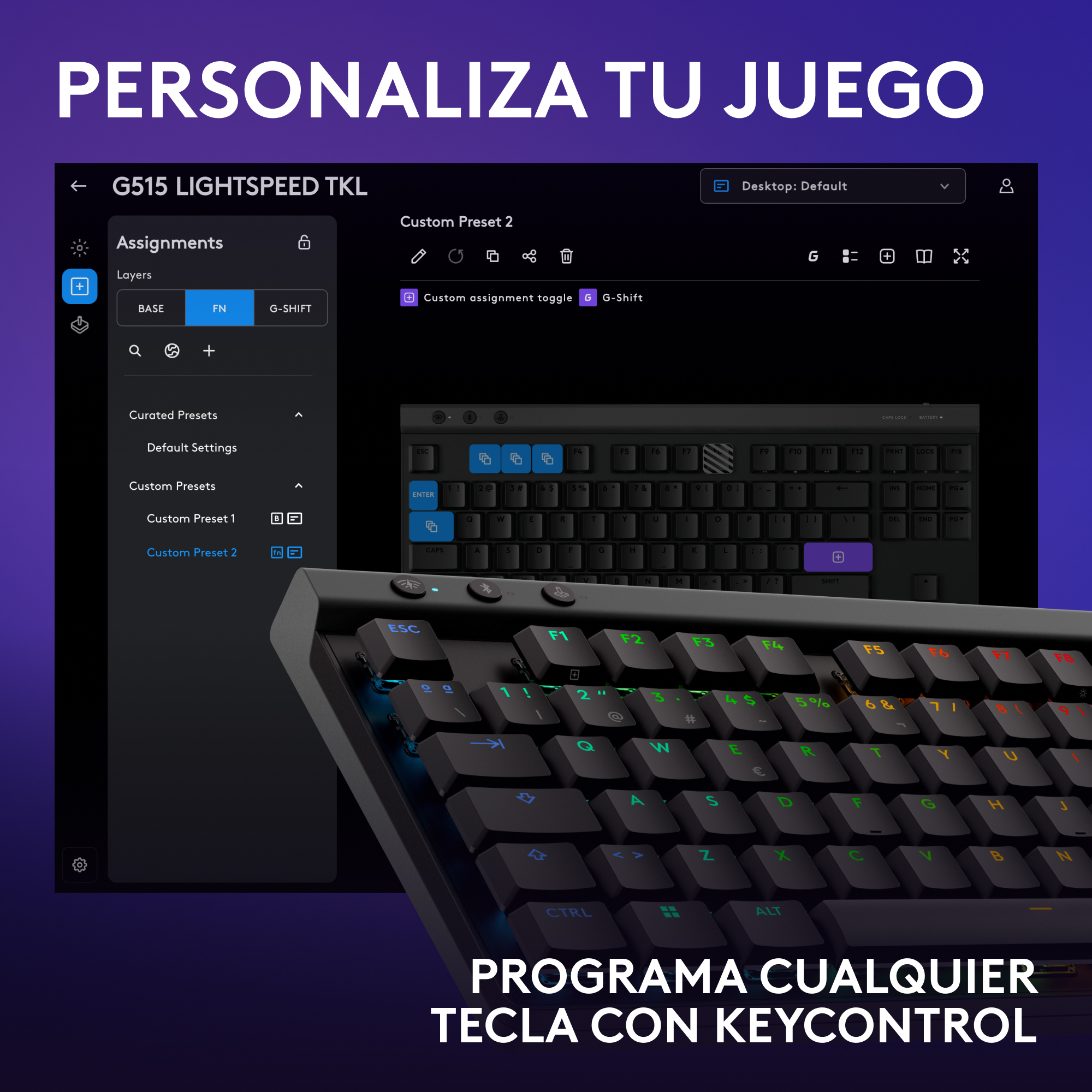Un teclado negro con teclas coloridas en una pantalla. Texto: 'Personaliza Tu Juego' y 'Programa Cualquier Tecla'.