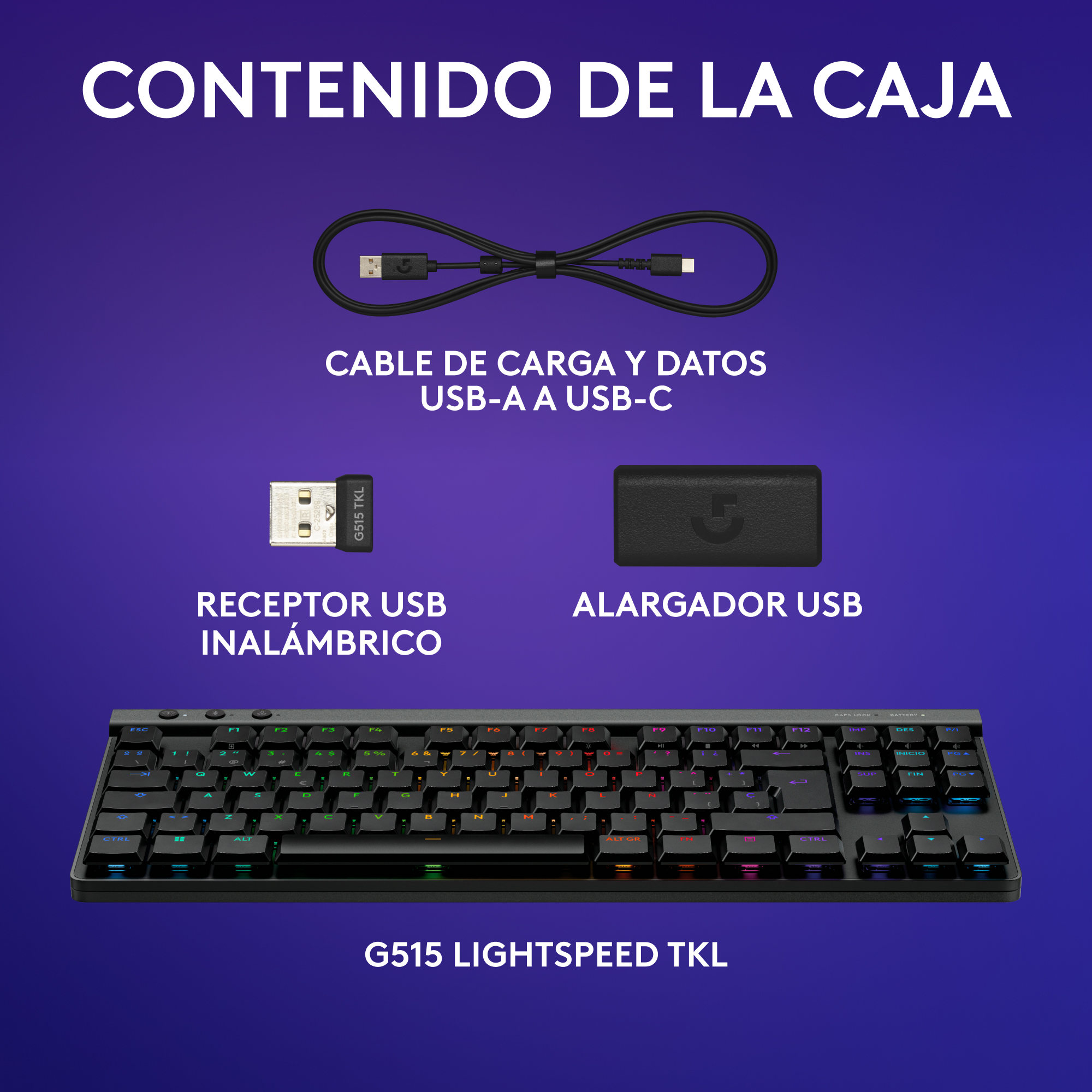 Contenido de la caja: teclado, cable USB-A a USB-C, receptor USB y extensor USB.