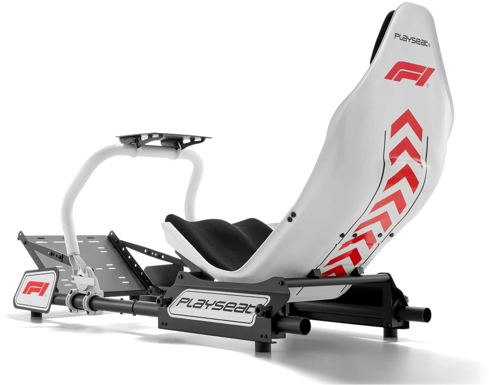 A white and black racing simulator seat with the F1 and Playseat logos.
