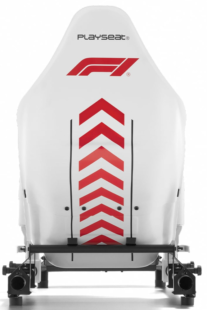 White racing seat with red chevron stripes and F1 logo on a white background.