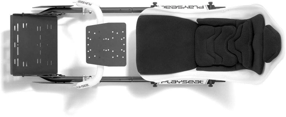 A top-down view of a white and black racing simulator seat. The seat is on a white frame. Background: white.