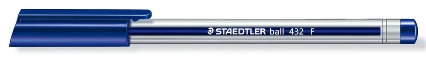 Niebieski i srebrny długopis z napisem "STAEDTLER ball 432 F" na białym tle.