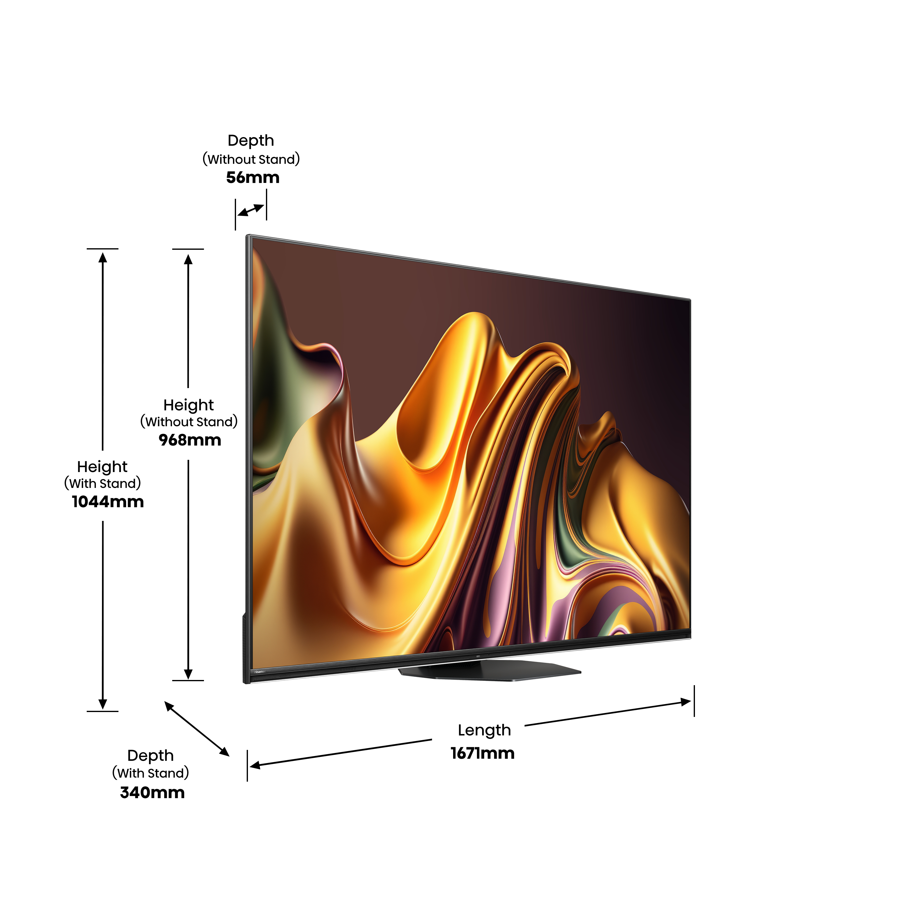 Moderner Fernseher mit geschwungenem Bildschirm, der ein goldenes abstraktes Design zeigt, mit Maßen.
