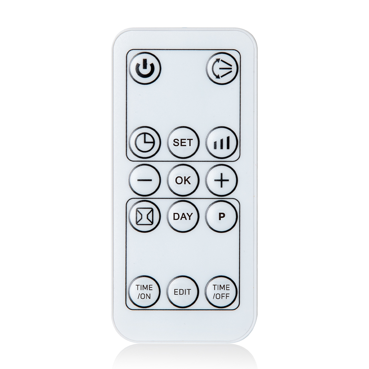Telecomando bianco con pulsanti, tra cui accensione, impostazioni e volume.