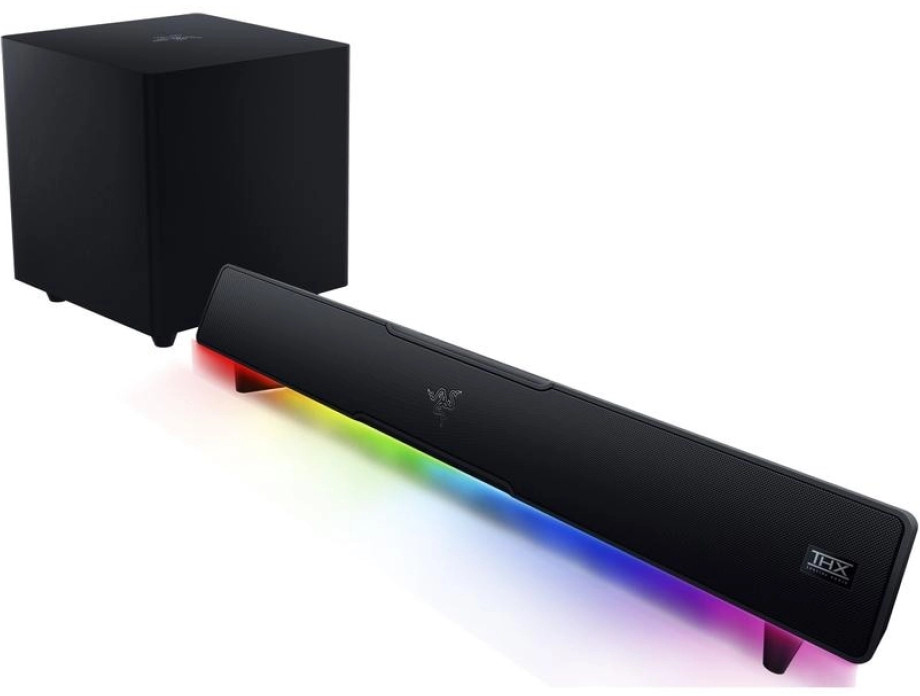 Zwarte Razer soundbar met een subwoofer. De soundbar heeft kleurrijke LED-verlichting.