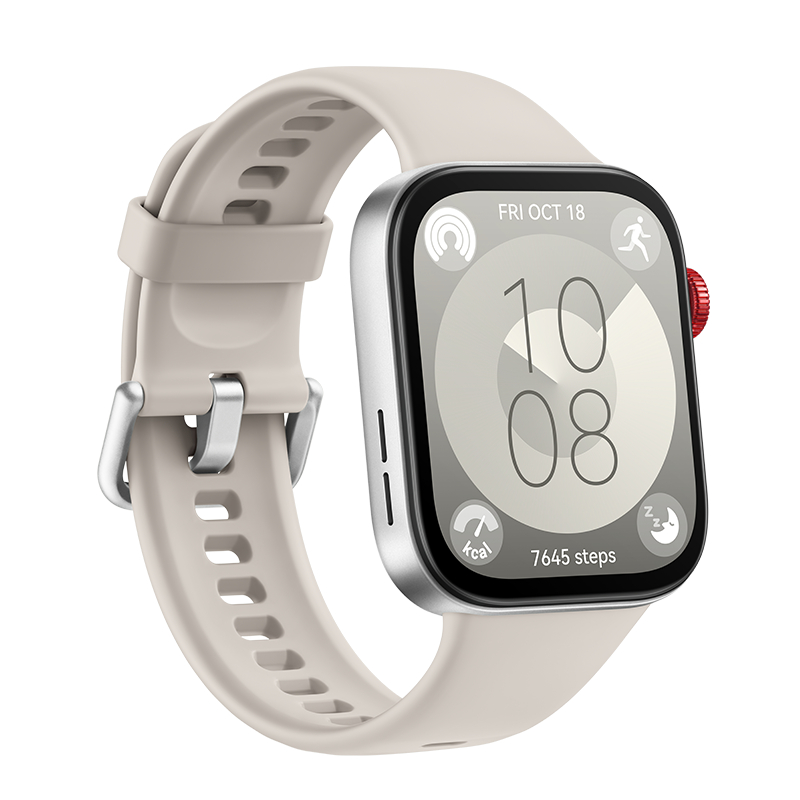 Silberne Smartwatch mit beigem Armband. Zeigt Zeit, Schritte und Kalorien auf einem digitalen Bildschirm.