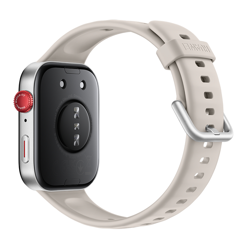 Nahaufnahme einer Smartwatch, die das Armband und die Rückseite der Uhr zeigt.