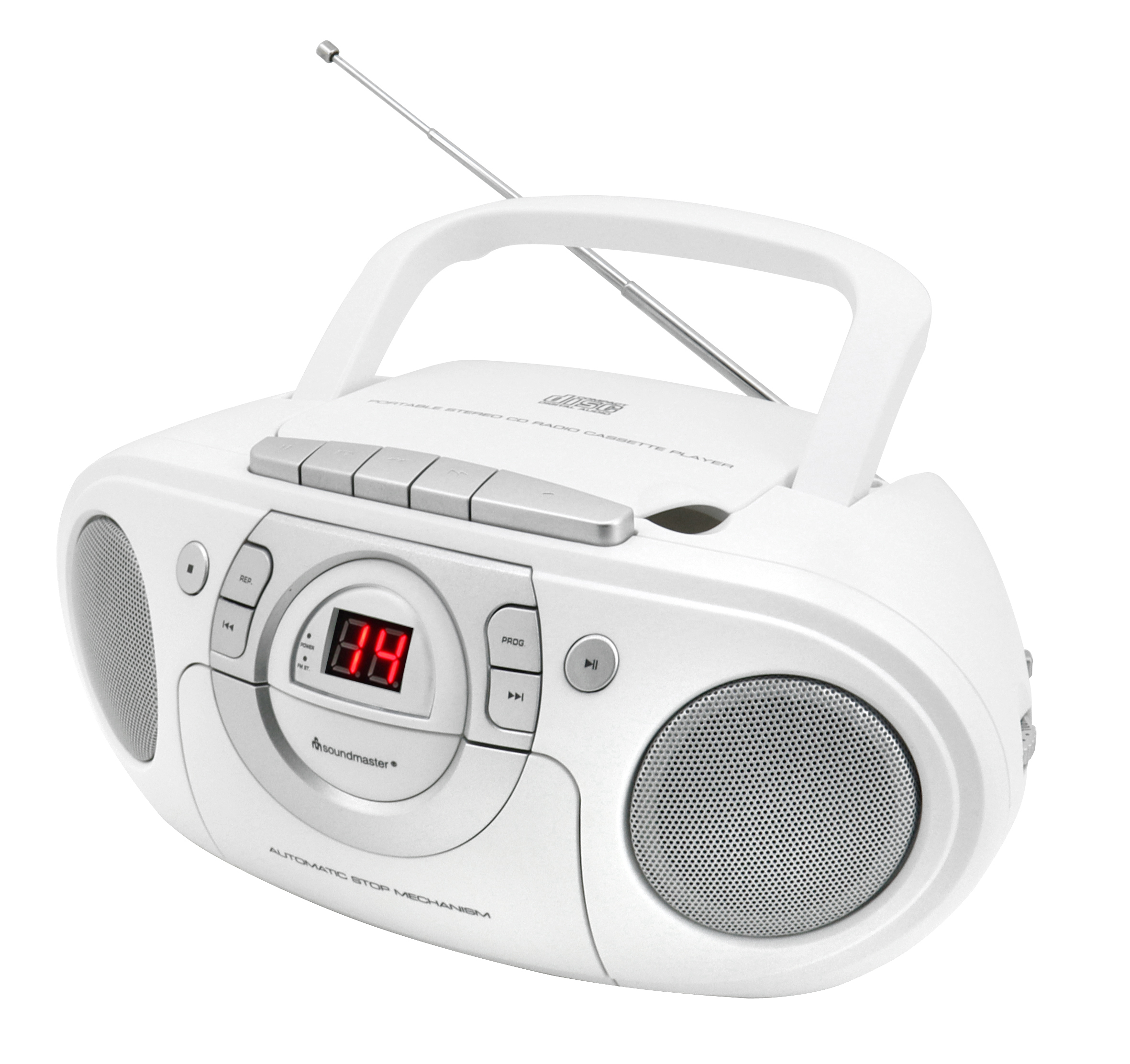 Ein weißer Ghettoblaster mit Lautsprechern, einem Radiowähler und einem Griff. Er steht auf weißem Hintergrund.