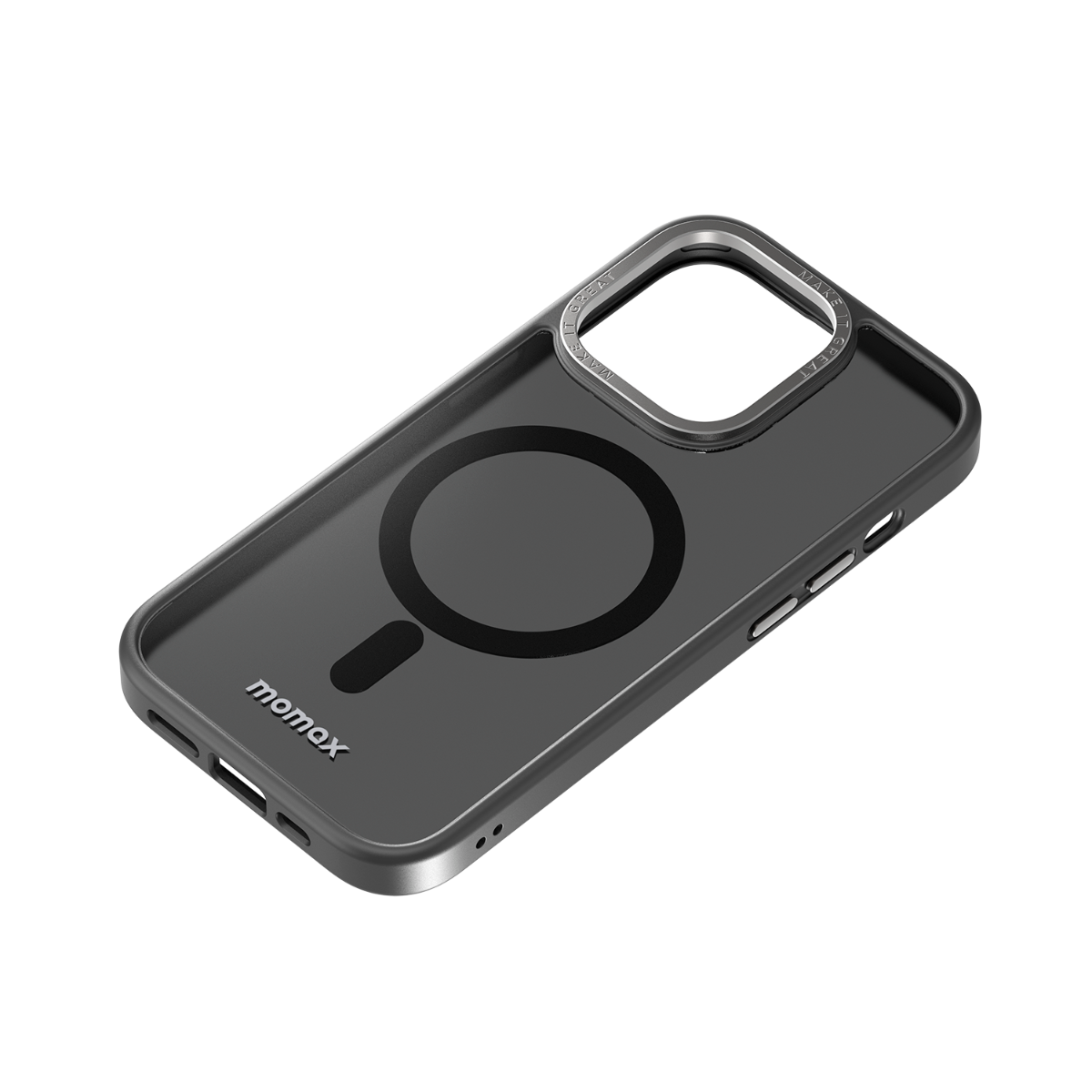 Siyah bir arka plan üzerinde, manyetik bir daire ve bir logo içeren siyah bir Momax telefon kılıfı.