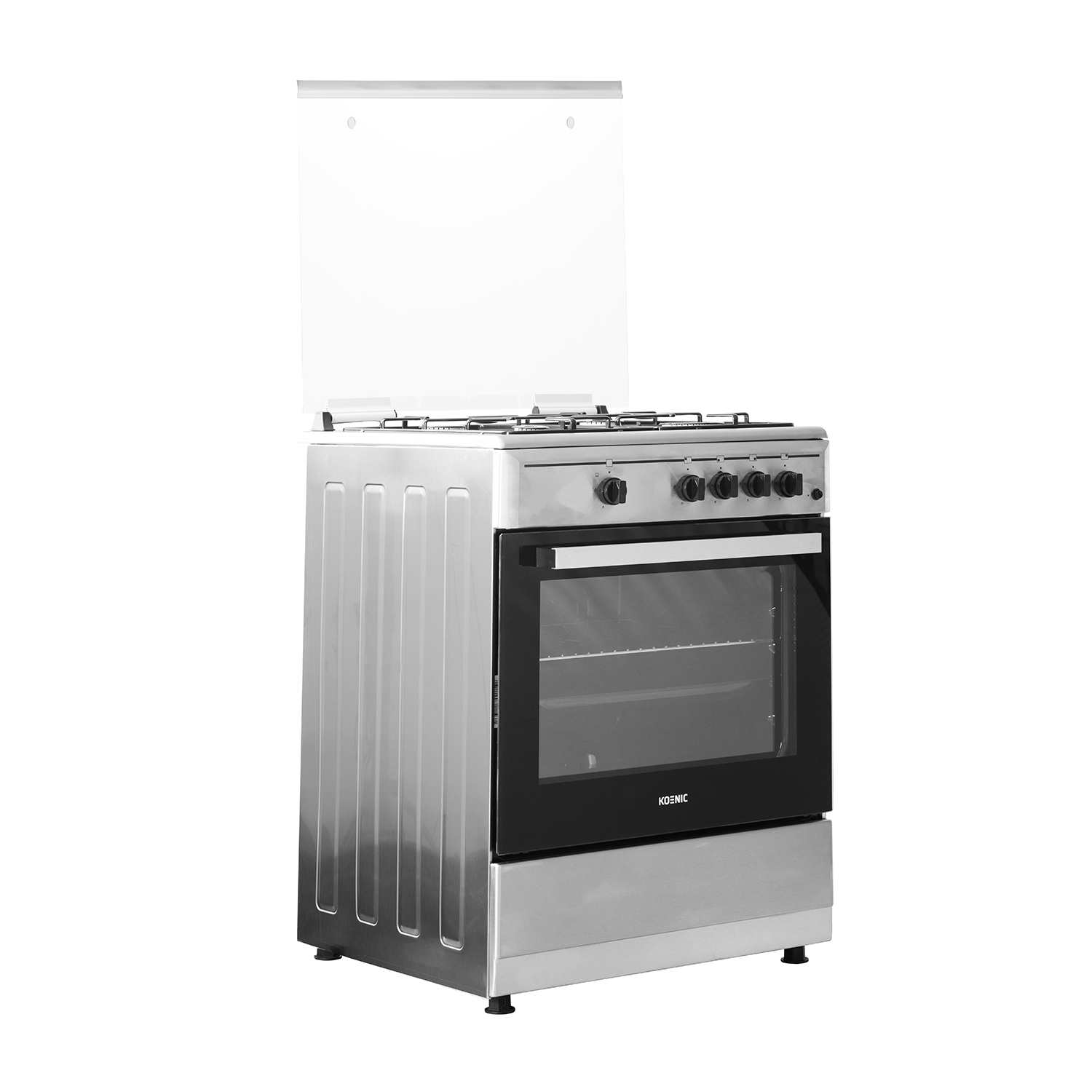 Forno/piano cottura Kosmic indipendente in acciaio inox con coperchio in vetro, vista frontale, sfondo bianco.