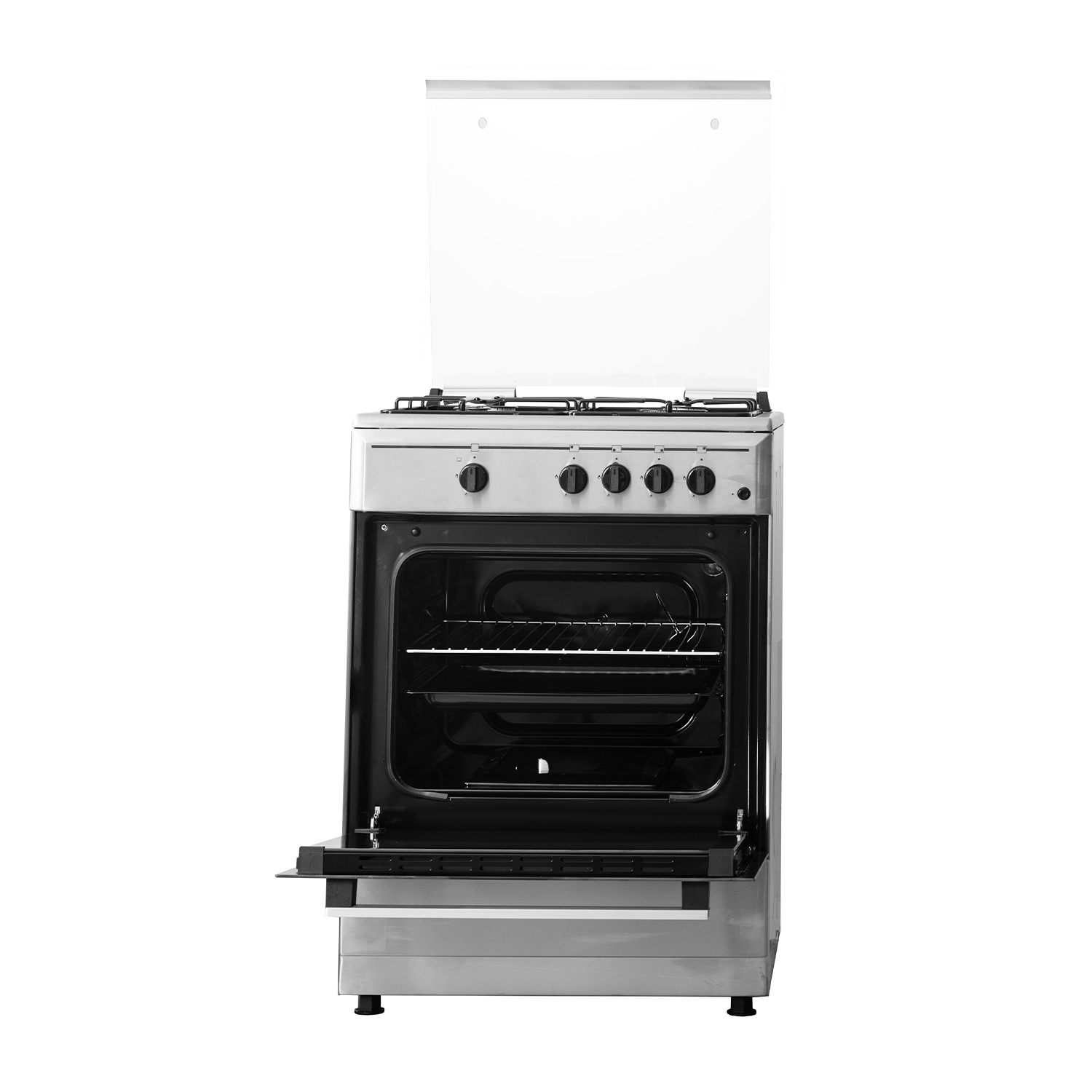 Fornello a gas argentato con la porta del forno aperta, su sfondo bianco.