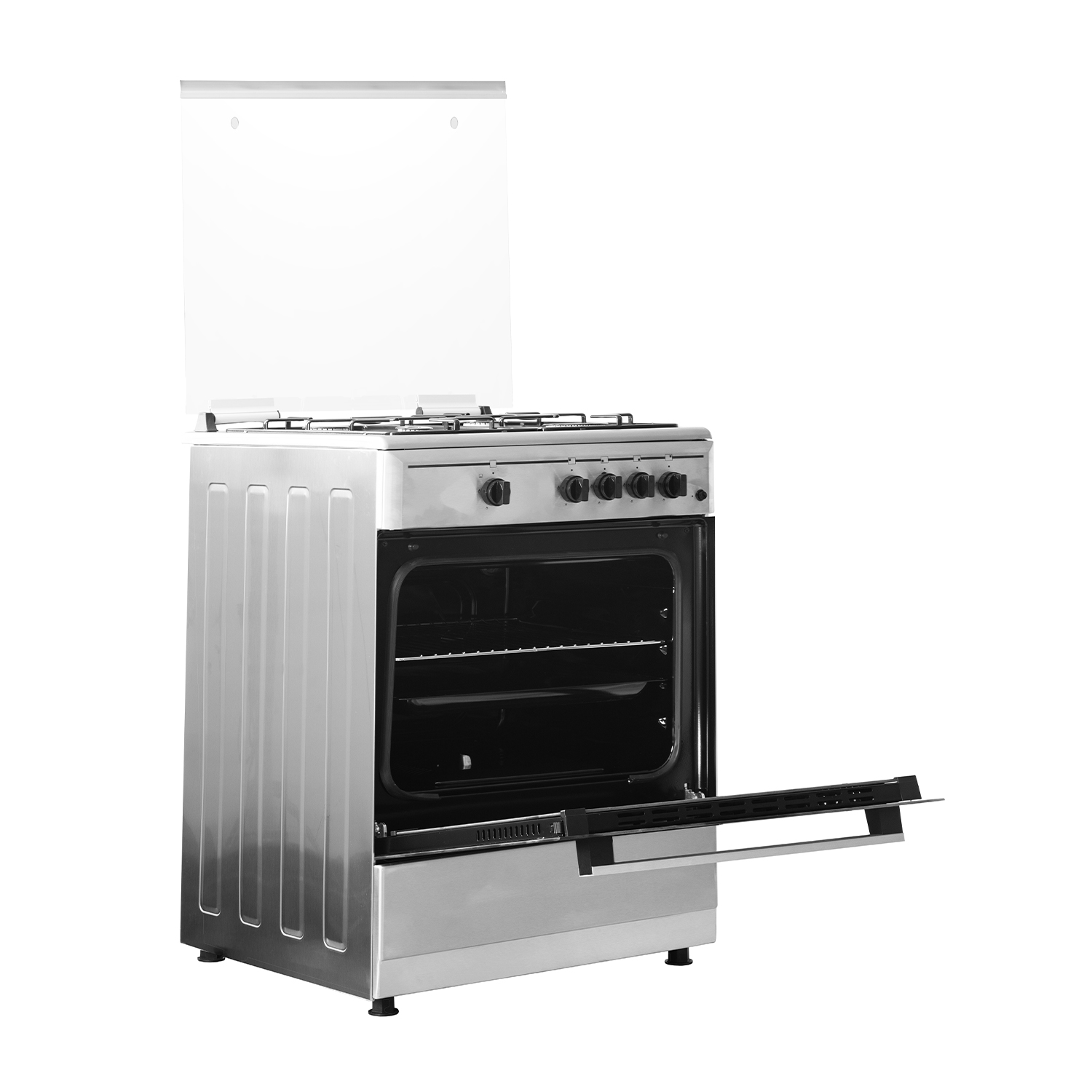 Forno argentato con porta aperta, isolato.