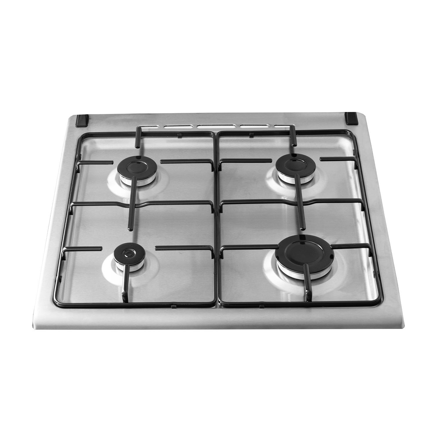 Un fornello a gas in acciaio inossidabile con quattro bruciatori. I bruciatori sono neri e il fornello è su sfondo bianco.
