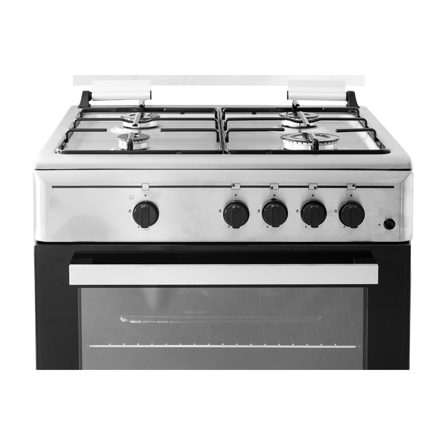 Un fornello a gas bianco e nero con quattro fuochi e un forno.