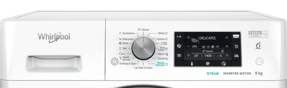 Whirlpool mosógép vezérlőpanel. Beállításokat jelenít meg, beleértve a mosási ciklusokat és a hőmérsékletet.