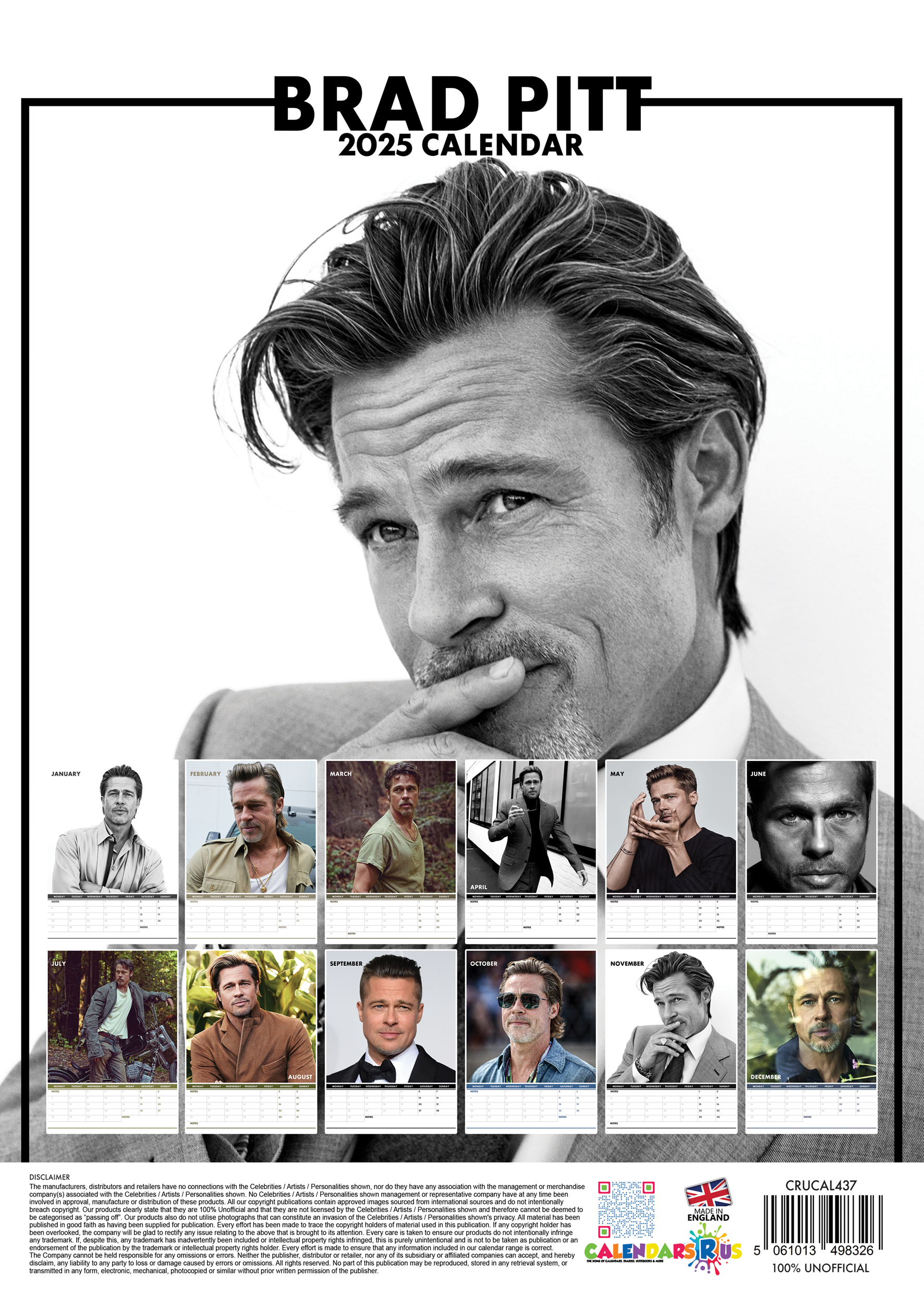 Brad Pitt 2025-ös naptár borítója. Brad Pitt fotói különböző pózokban, a hónapok során.