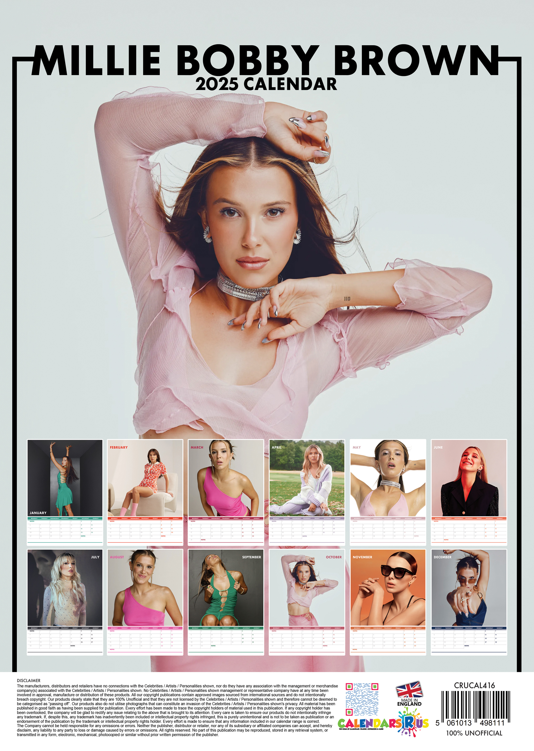 Millie Bobby Brown 2025-ös naptár borítója több kisebb fotóval.