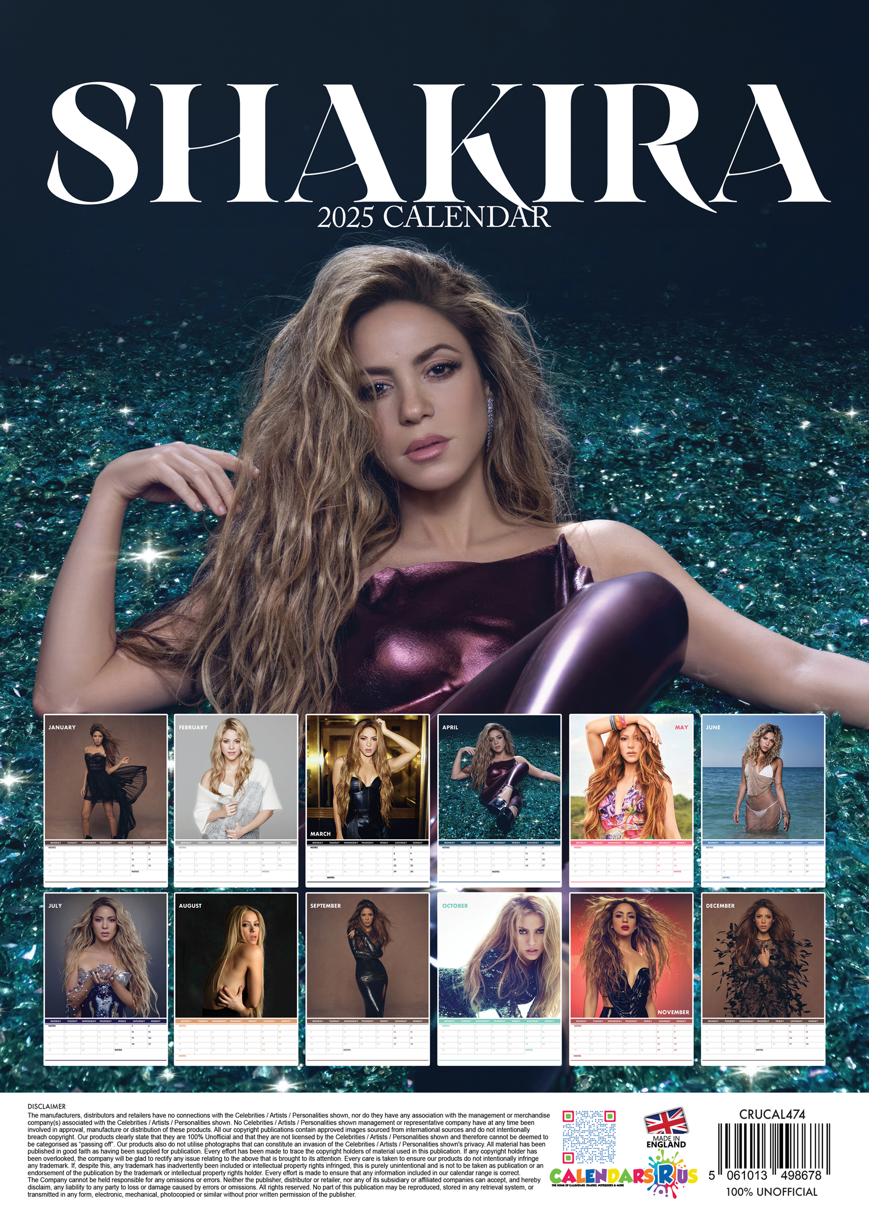 Shakira 2025-ös naptár Shakira fotóival különböző ruhákban.