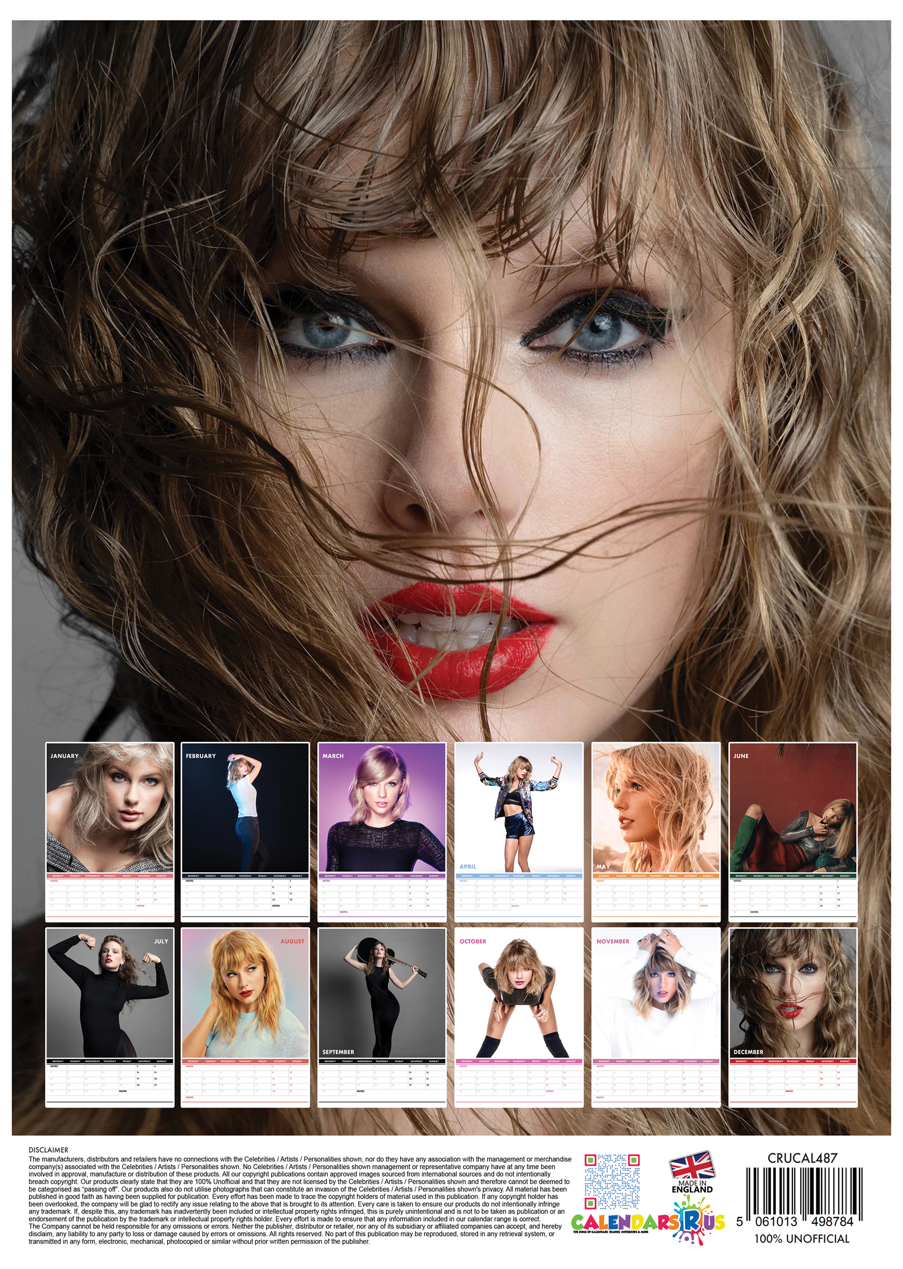 Egy nő közeli képe piros rúzzsal, alul egy Taylor Swift-tel ellátott naptárral.