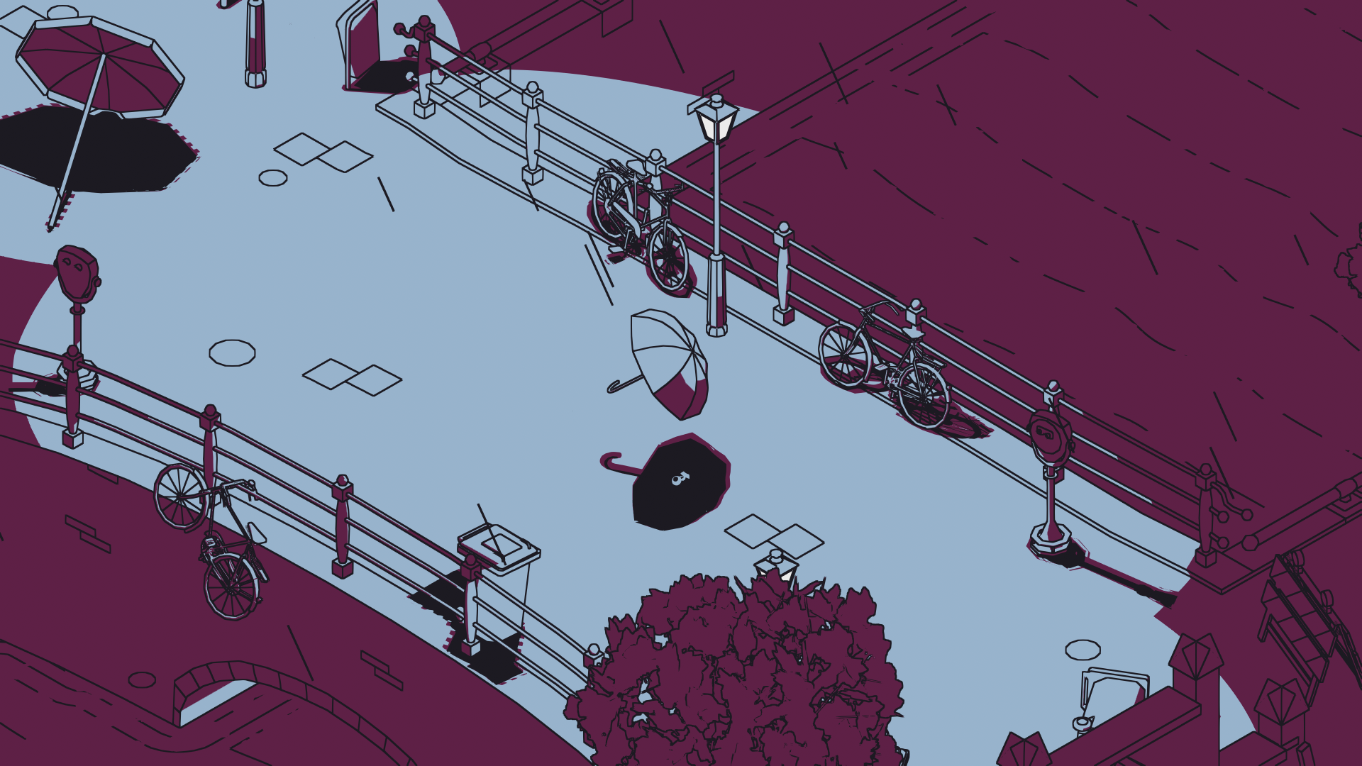 Ilustración de una escena urbana, con bicicletas, paraguas y un puente.