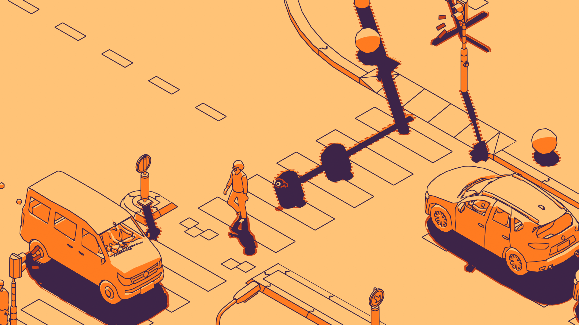 Ilustración isométrica de una escena callejera. Tonos naranja, paso de peatones, coche y persona caminando.