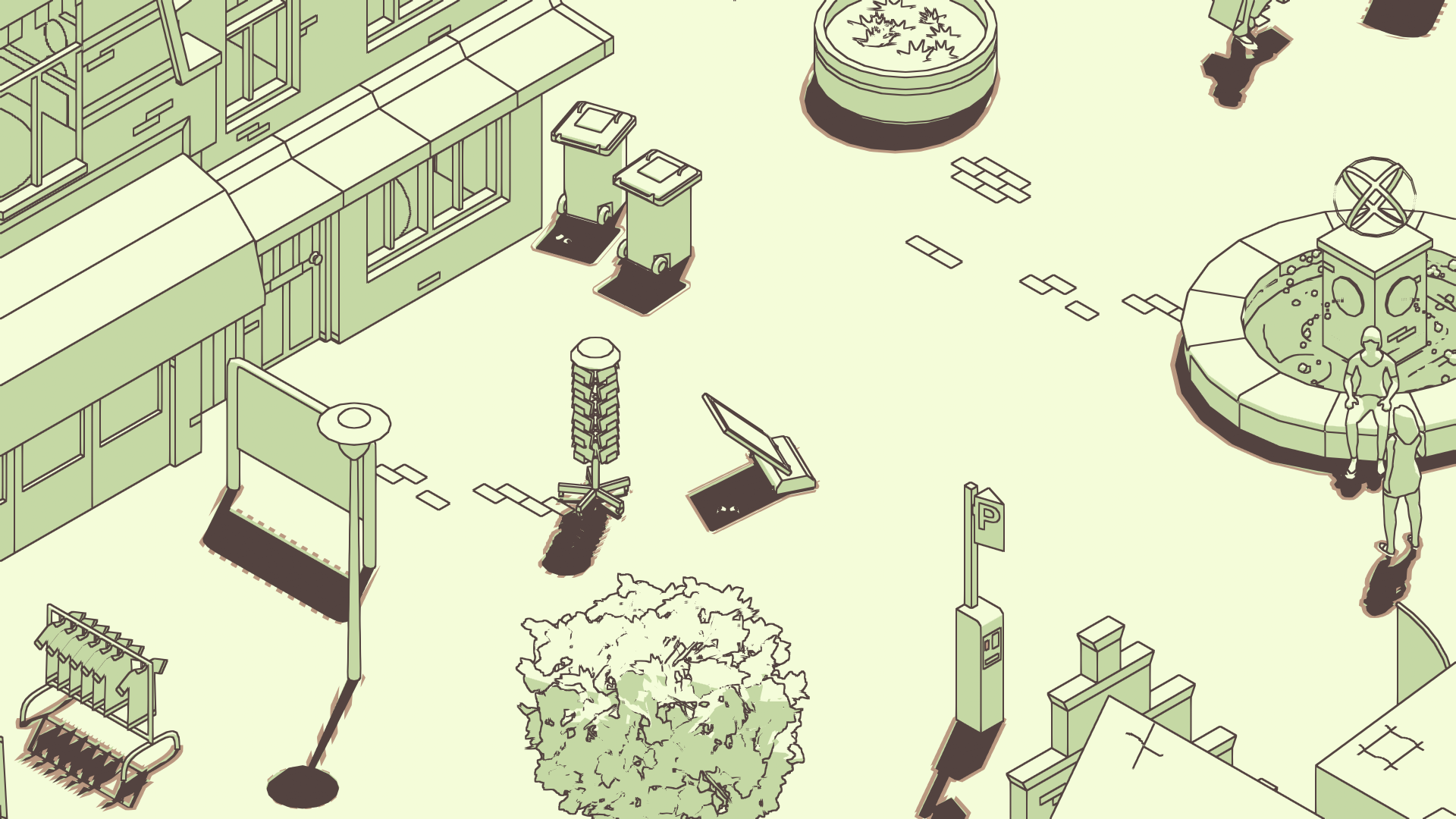Una ilustración de paisaje urbano con edificios, árboles y personas en un estilo sencillo.