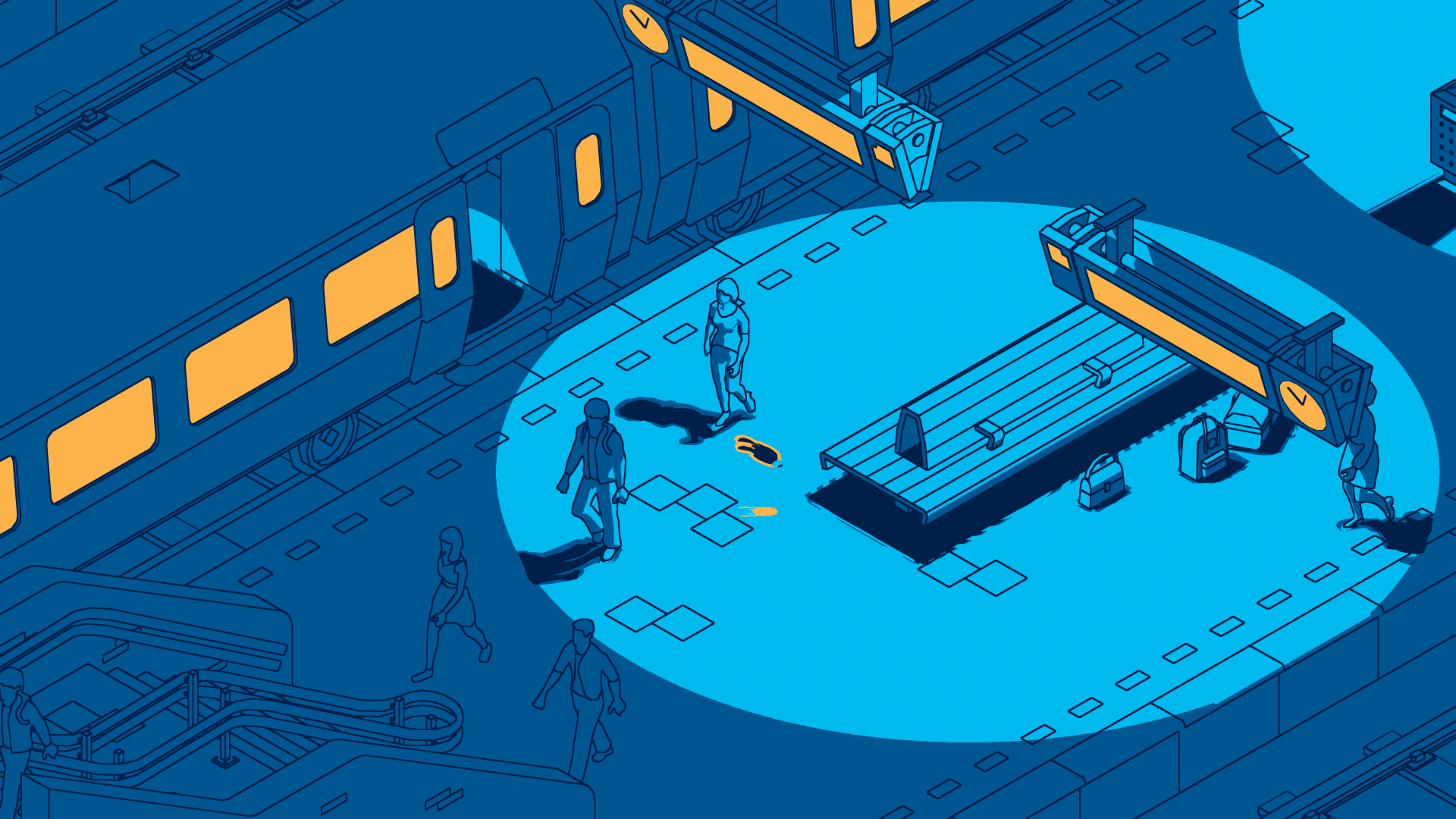 Ilustración isométrica de personas en una estación de tren con un tren, bancos y señales direccionales.