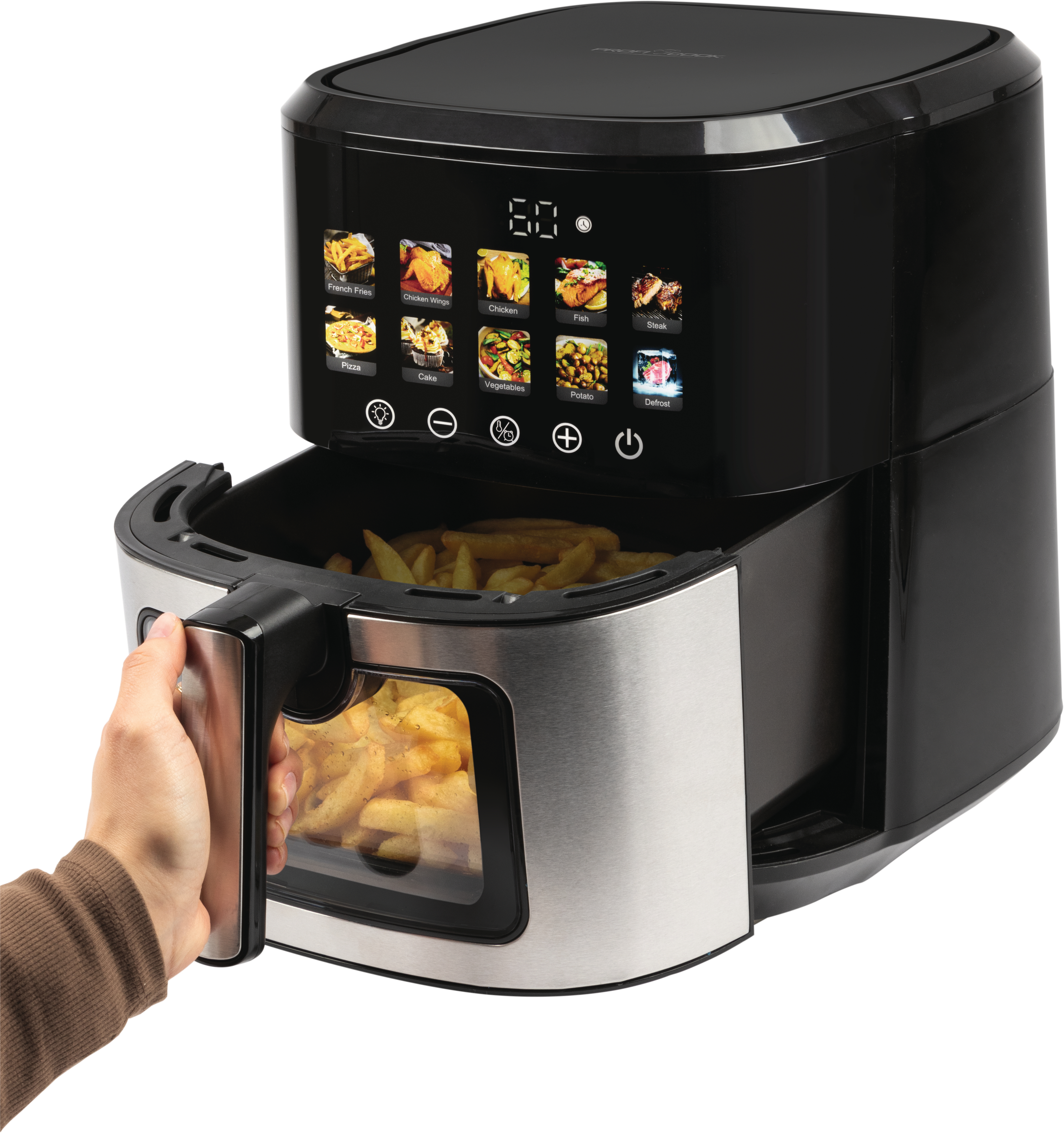Eine Heißluftfritteuse mit einer Hand, die die Schublade öffnet, gefüllt mit Pommes, und einem Touchscreen.