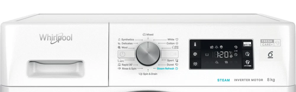 Fehér Whirlpool mosógép vezérlőpanel. Gombokat és beállításokat mutató kijelzőt tartalmaz.