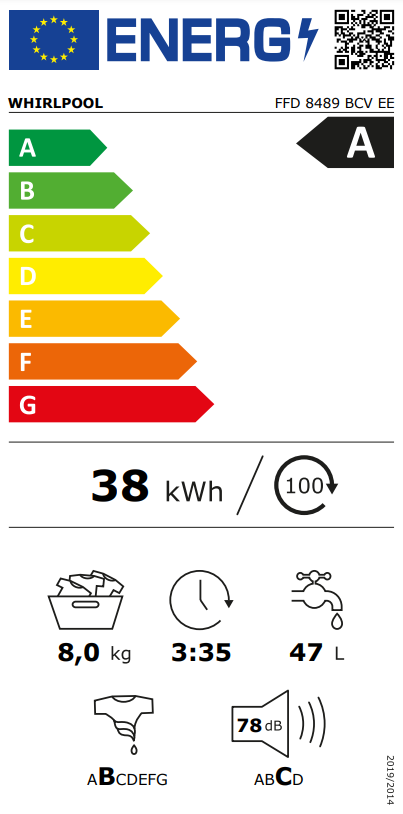 Energia címke egy Whirlpool mosógéphez, energiahatékonyságot és egyéb részleteket mutatva.