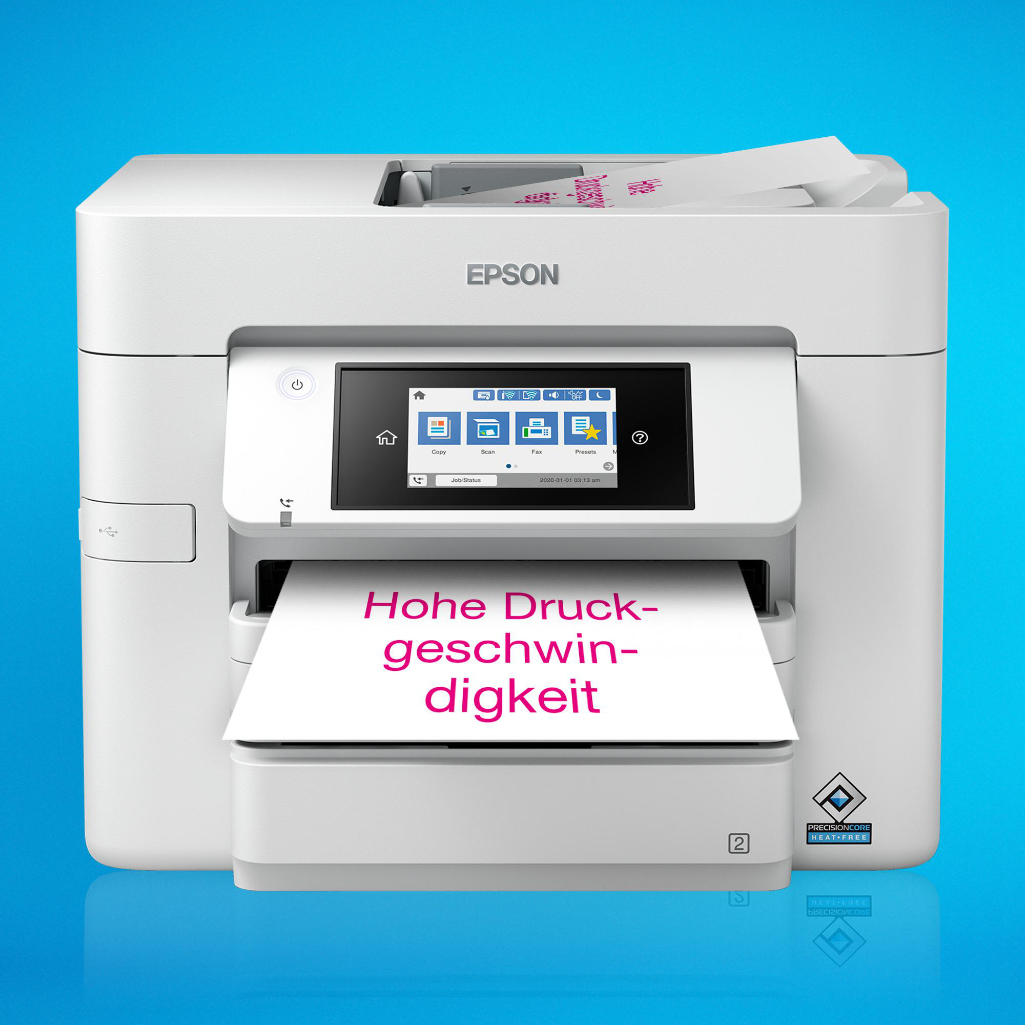 Weißer Epson Drucker mit Touchscreen, druckt Seite. Blauer Hintergrund. 'Hohe Druckgeschwindigkeit'.