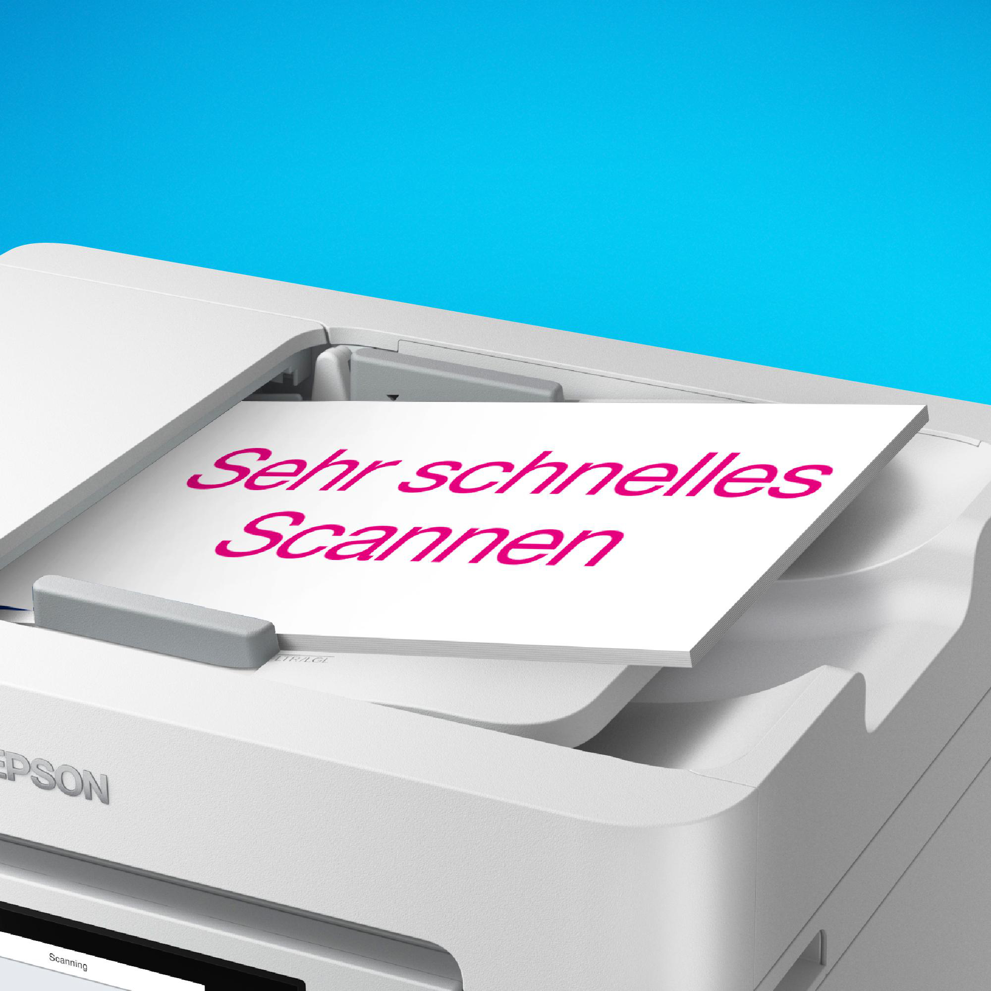 Ein weißer Drucker mit einem Papier mit der Aufschrift 'Sehr schnelles Scannen' in rosa Schrift.