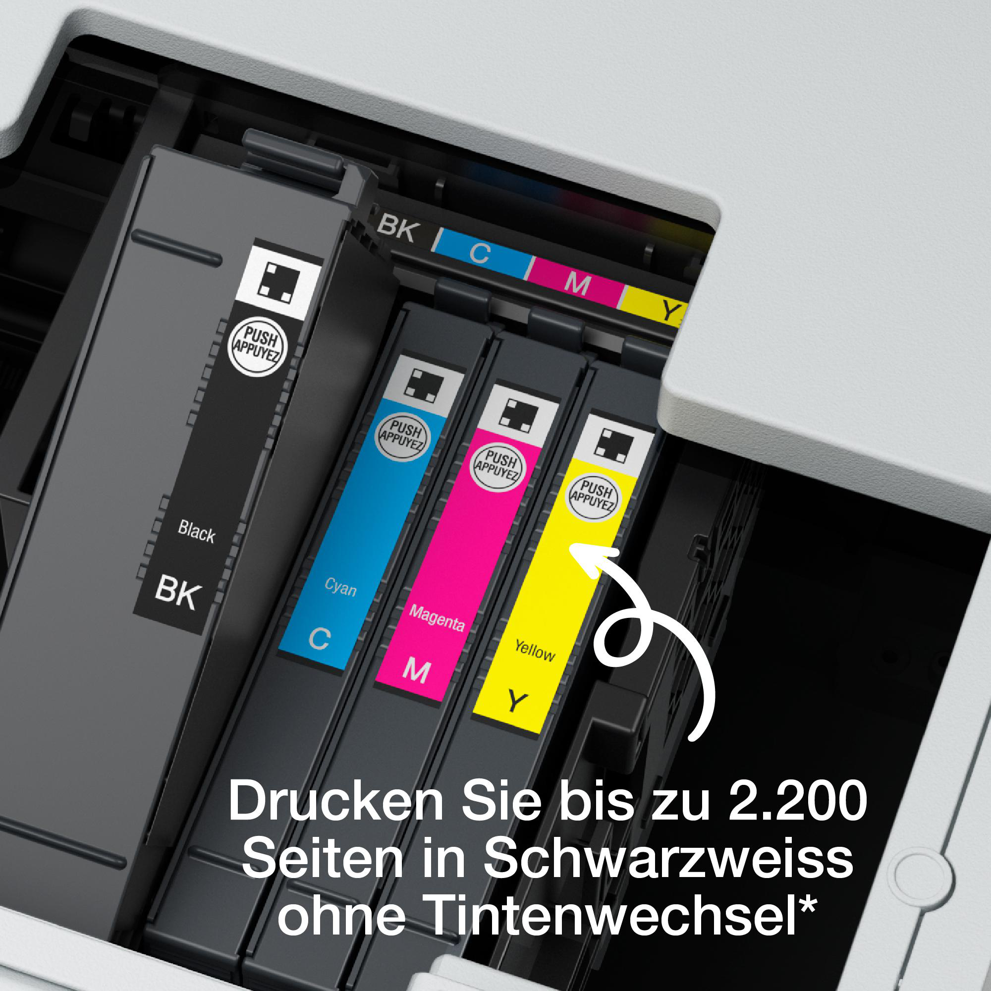Tintenpatronen in einem Drucker, mit Farbbezeichnungen: Schwarz, Cyan, Magenta und Gelb, Text auf Deutsch.