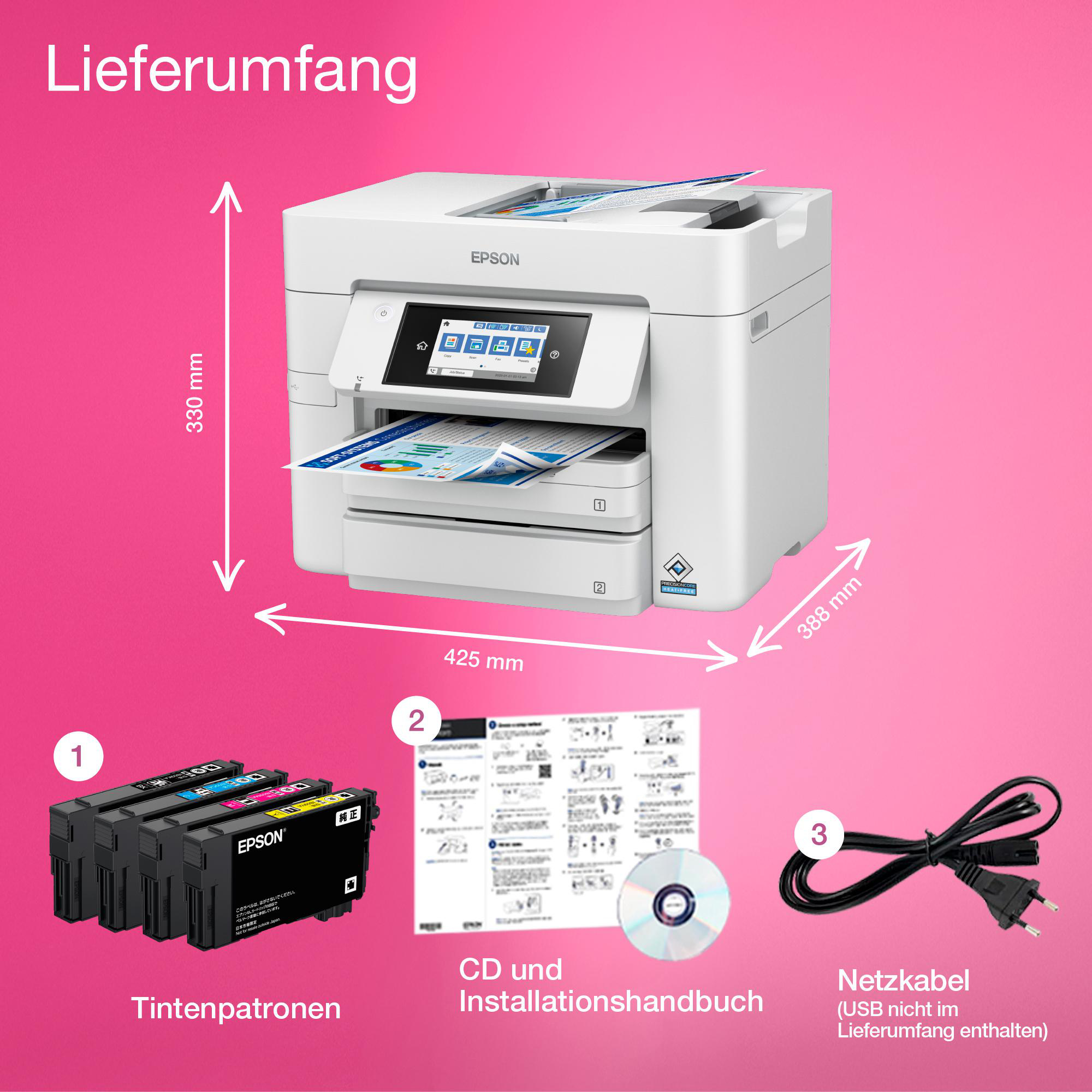 Weißer Drucker mit schwarzen Tintenpatronen, CD und Netzkabel auf pinkem Hintergrund. Abmessungen angegeben.