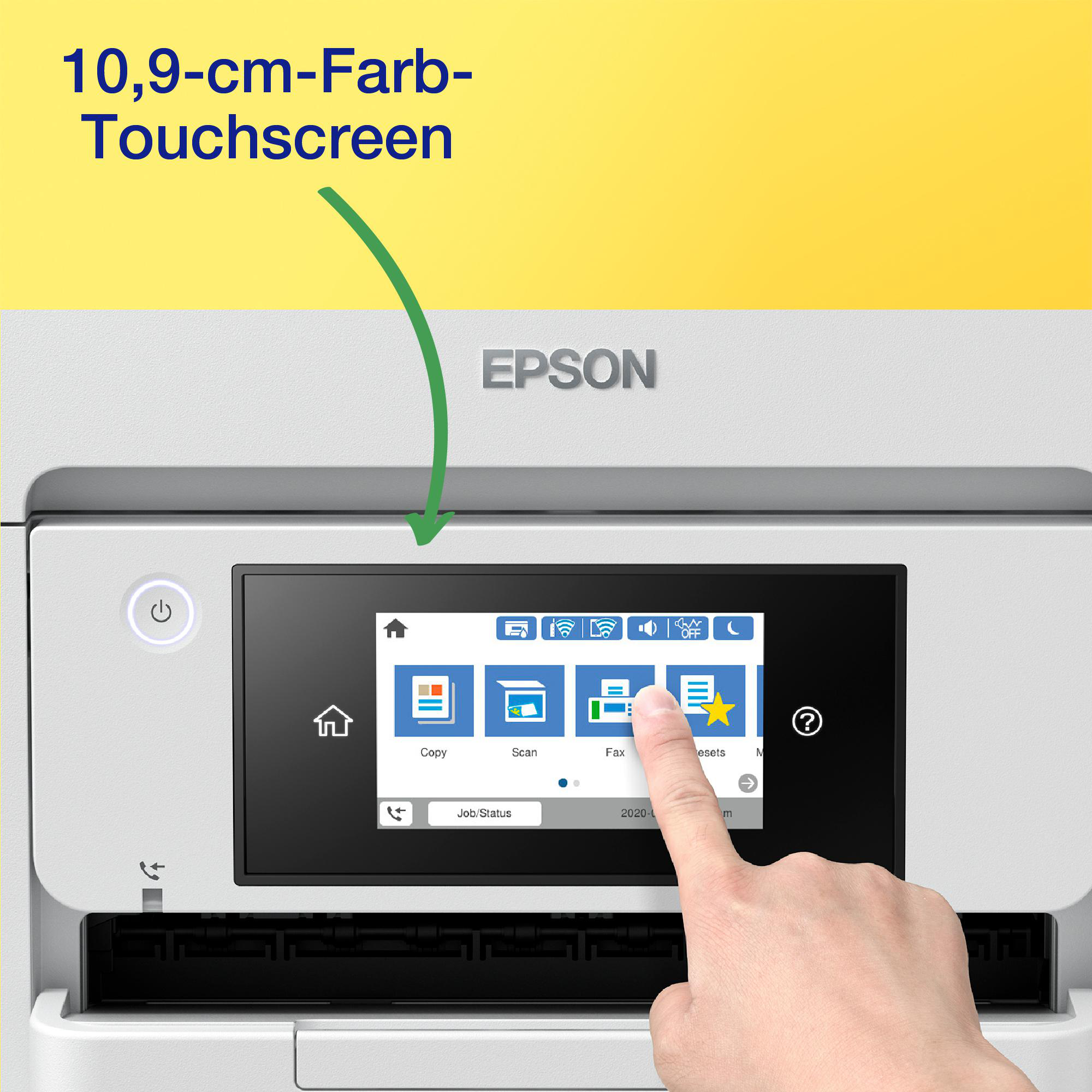 Drucker-Touchscreen mit Symbolen, ein Finger zeigt darauf.