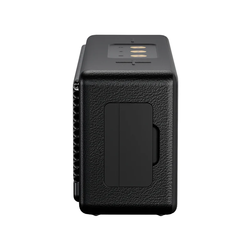 Altavoz Marshall negro rectangular, vista lateral, superficie texturizada.