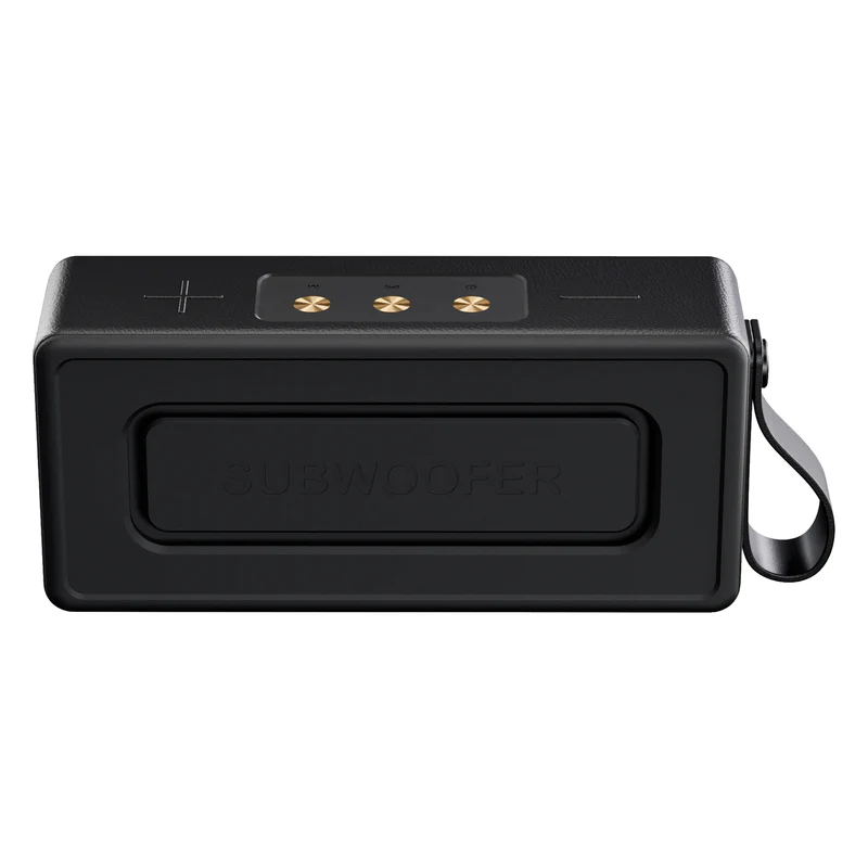 Subwoofer rectangular negro con botones de control y asa. La palabra 'SUBWOOFER' está en él.