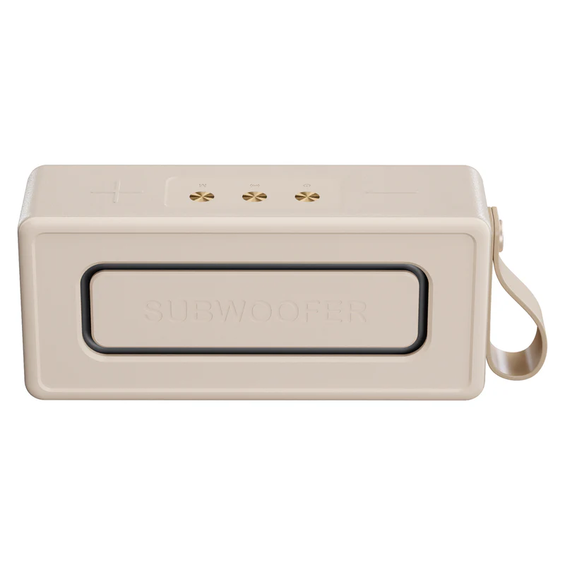 Un subwoofer rectangular beige con altavoz negro y asa sobre fondo blanco.
