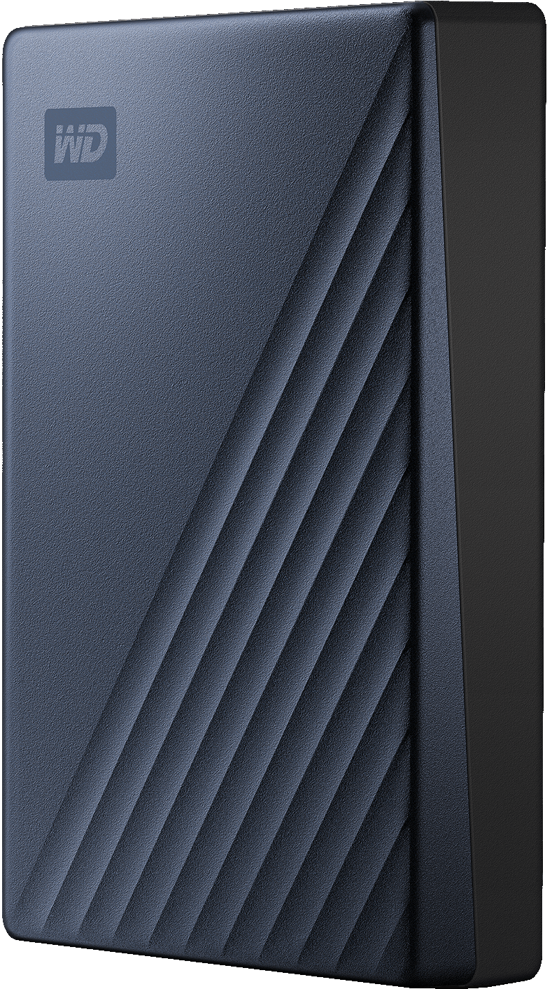 Un disque dur externe bleu et noir. Le logo WD est dans le coin supérieur gauche. Fond : noir.