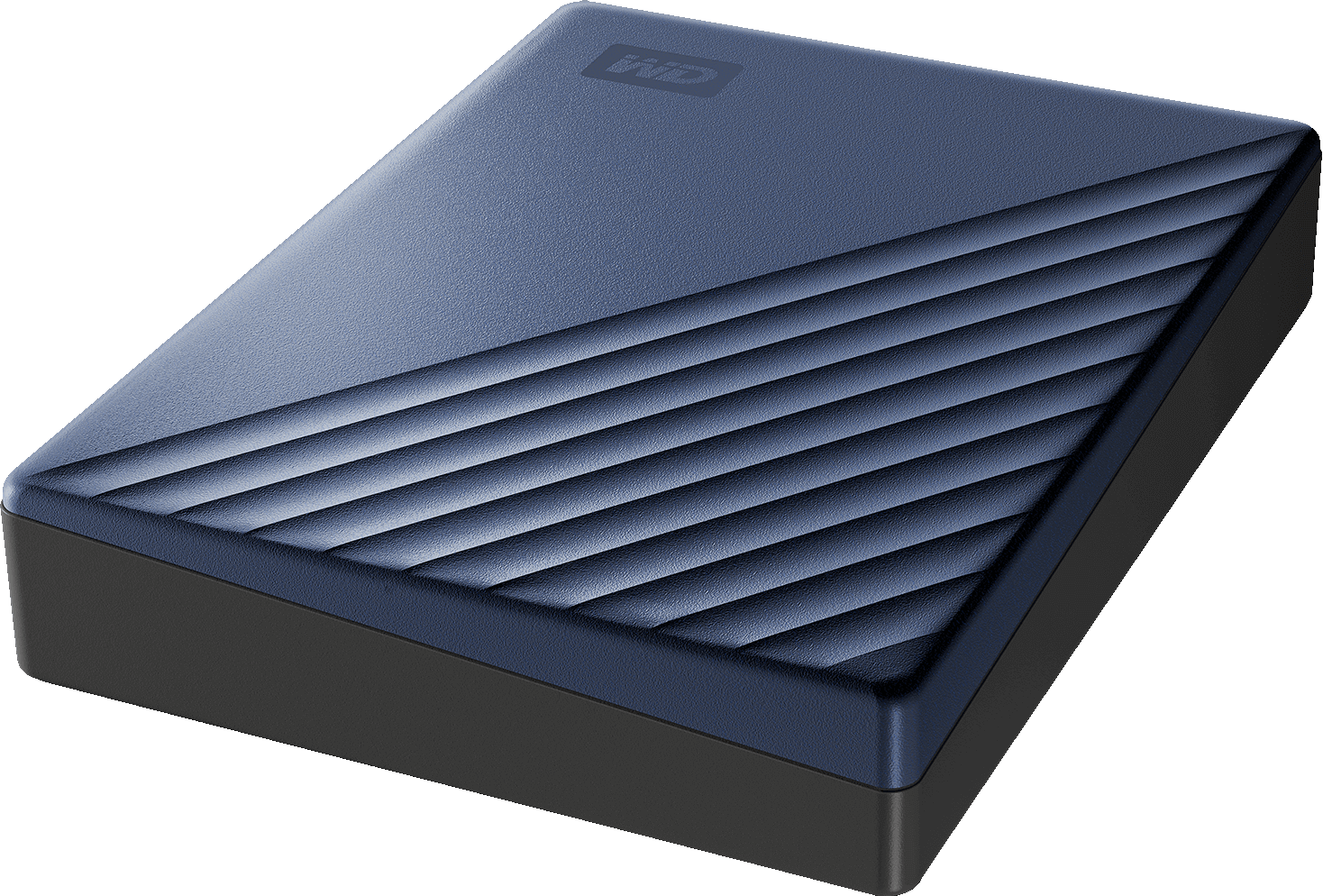 Un disque dur externe bleu et noir, incliné sur une surface noire.