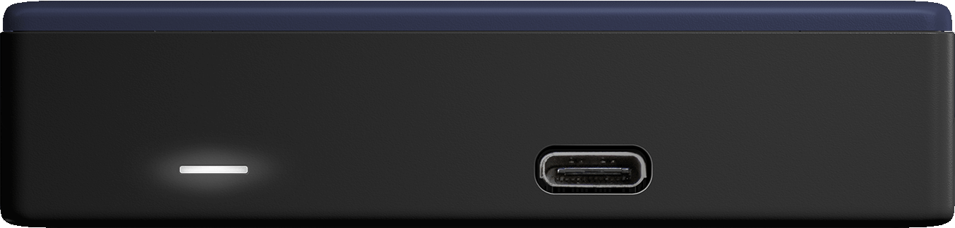 Boîte noire avec port USB-C et lumière blanche.