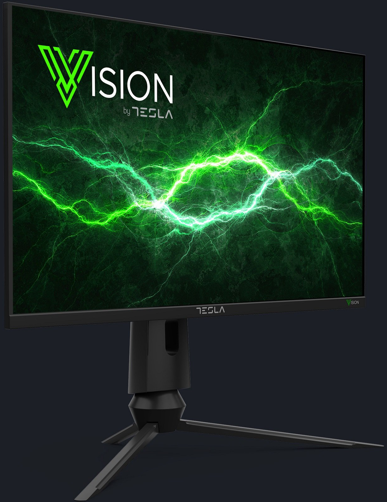 Tesla Vision monitor villám mintával a képernyőn, fekete állvánnyal és sötét háttérrel.