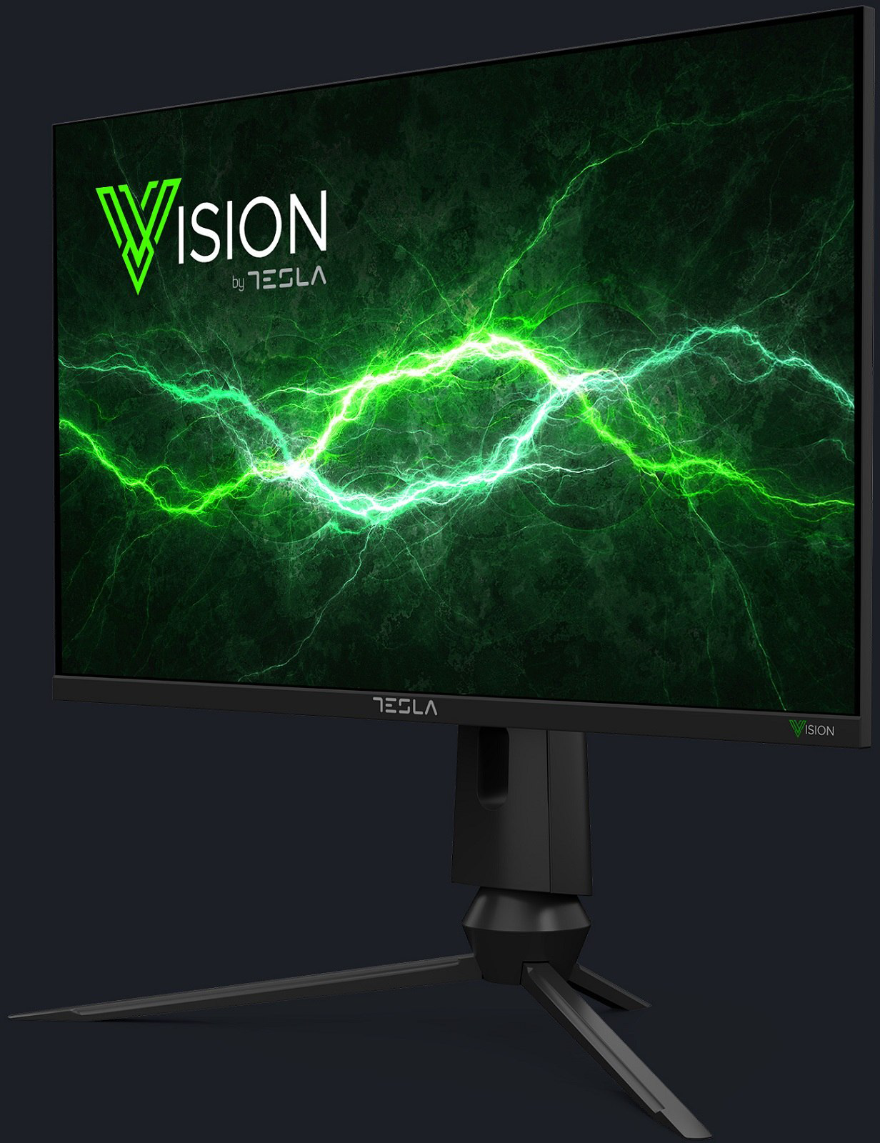 Fekete Tesla Vision monitor zöld villámlást jelenít meg sötét háttéren.