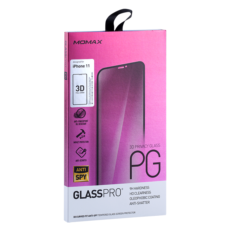Siyah saplı pembe iPhone 11 ekran koruyucu kutusu. Metin: 3D Privacy Glass, Anti-Spy, Anti-Scratch.