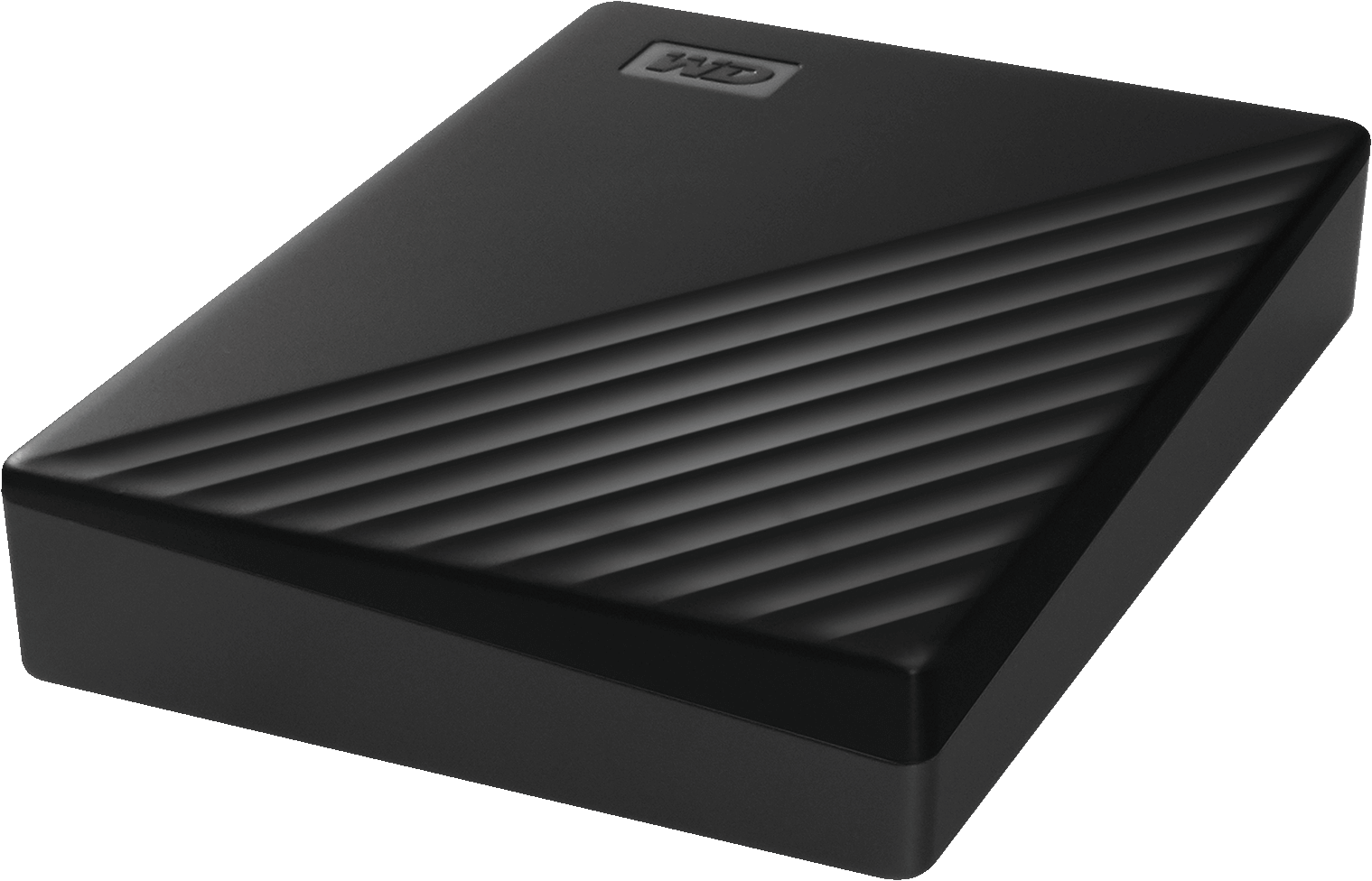 Disque dur externe WD noir, forme rectangulaire avec des lignes diagonales sur le dessus.